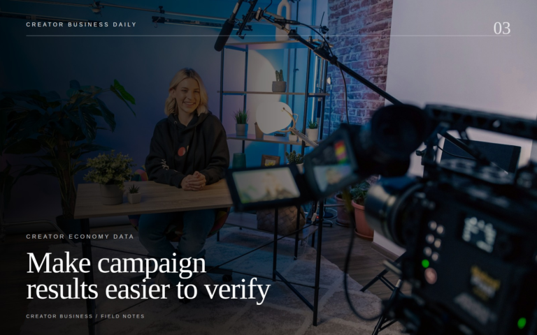 Creator in a video studio with the editorial line Make campaign results easier to verify.